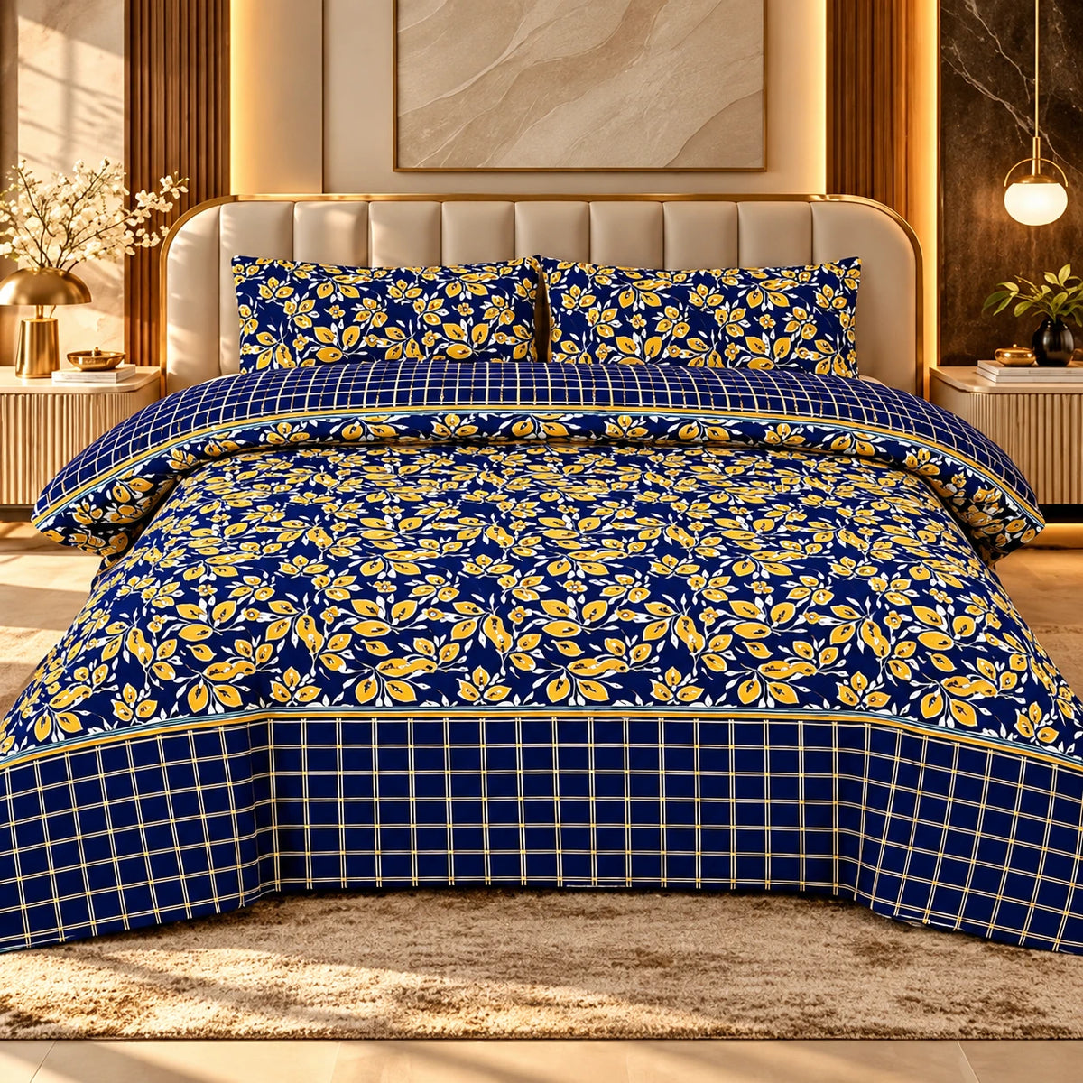 Navy blue bedsheet with mustard-yellow and white floral prints, a matching checkered border and two pillow covers on a luxury bed.