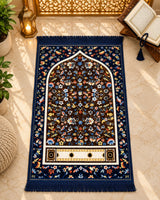 Neelam-e-Gul navy blue Janamaz with colourful floral Mehrab design, cream decorative panel, and matching fringes by House of Wriya.