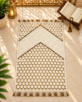 Noor-e-Zareen premium cream Janamaz with golden-brown geometric pattern and decorative fringes by House of Wriya.