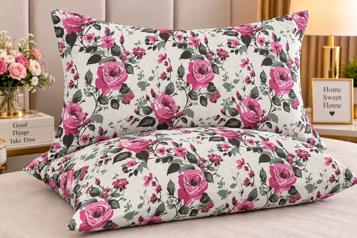 Pink rose floral pillow covers set of 2 with botanical print styled on a luxury bedroom