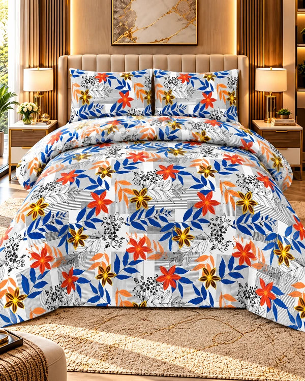 A bed dressed in a colorful floral and botanical print bedding set, featuring a white base with blue, orange, and yellow flowers and leaves, styled in a modern, warm-toned bedroom.