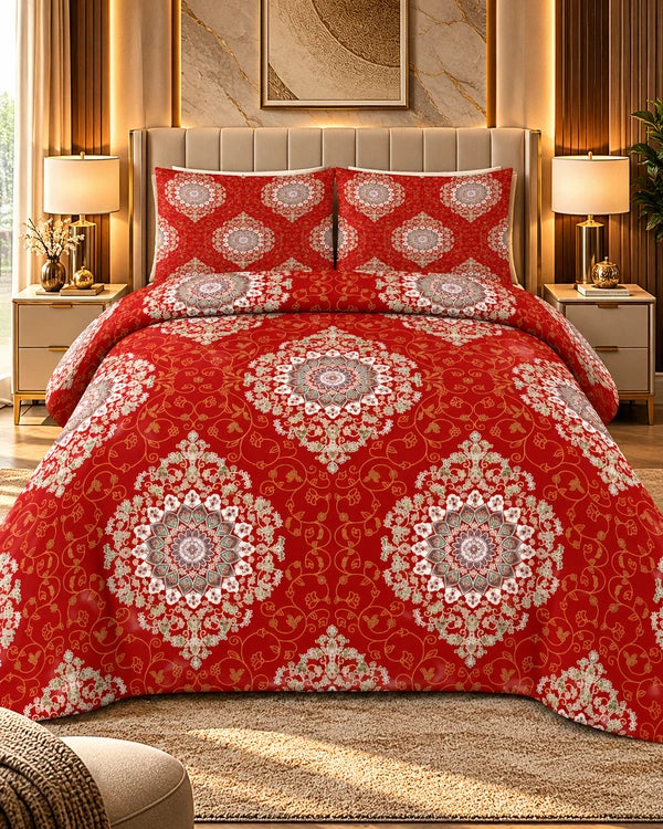 Red mandala floral bedsheet with elegant decorative print by House of Wriya
