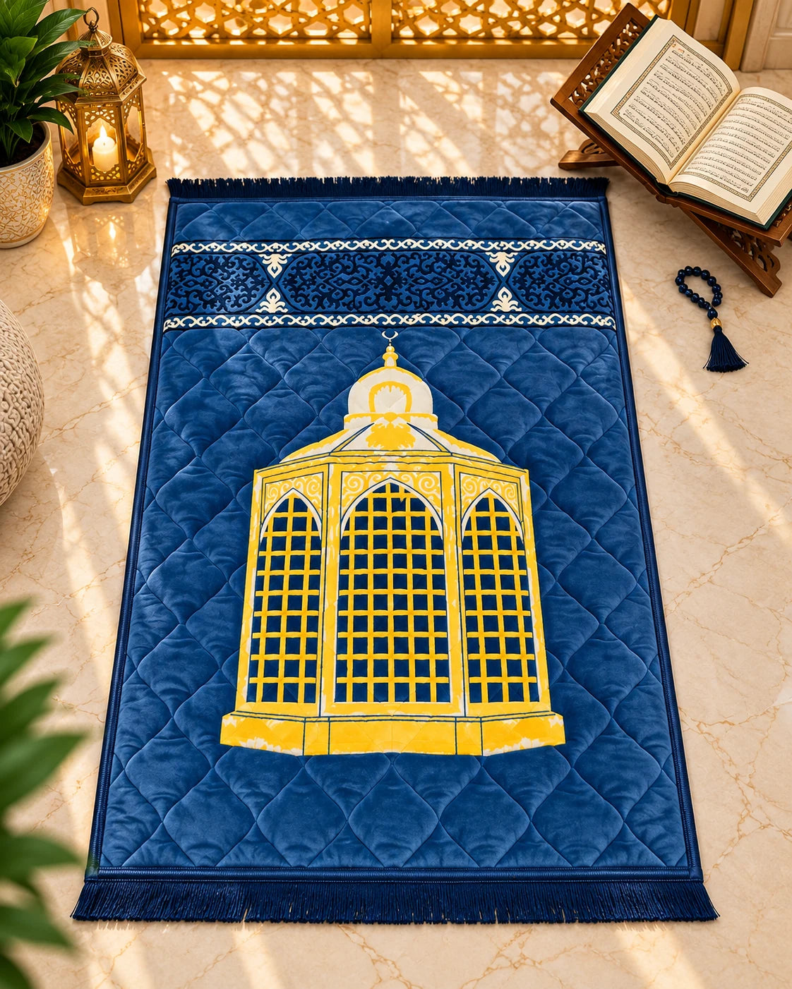  Sultan-e-Neelam premium royal blue Janamaz with golden architectural Mehrab motif, diamond-quilted texture, ornamental band, and matching fringes by House of Wriya.