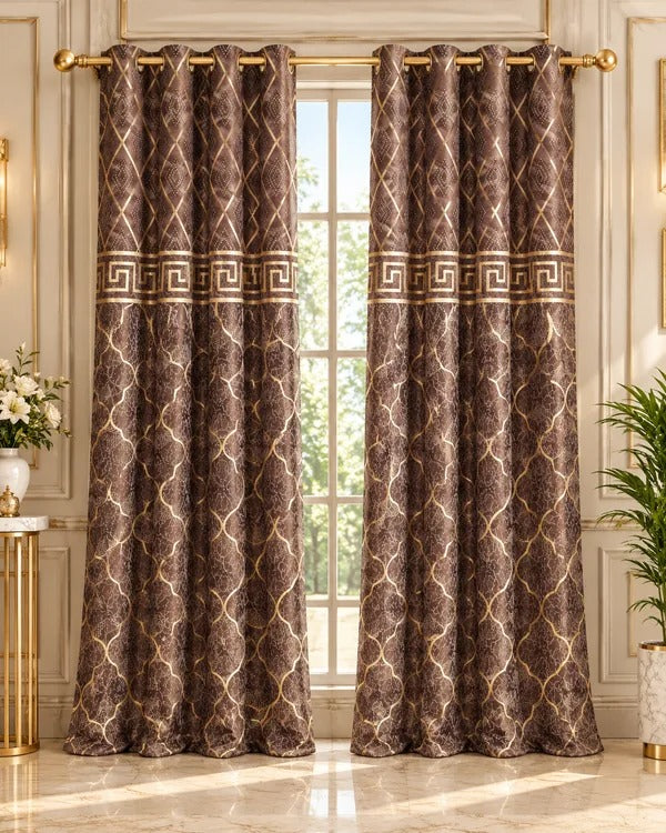 Taupe brown luxury curtains with gold geometric lattice and Greek-key border in an elegant interior.