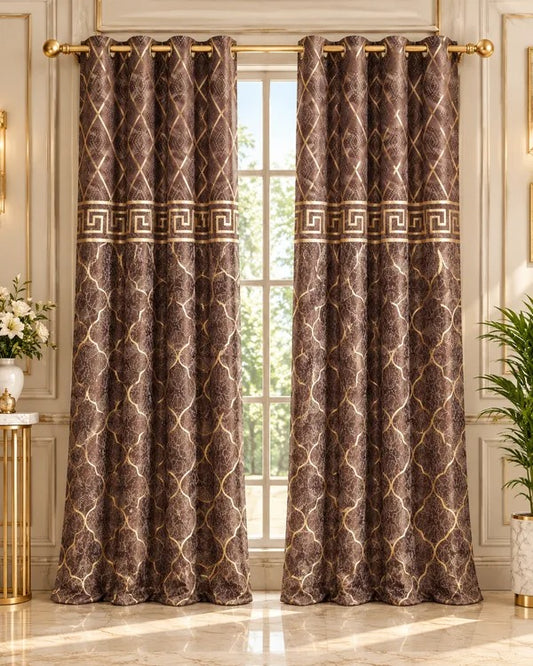 Taupe brown luxury curtains with gold geometric lattice and Greek-key border in an elegant interior.