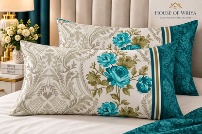 Teal blue floral pillow covers set of 2 with turquoise roses, botanical pattern and teal decorative border