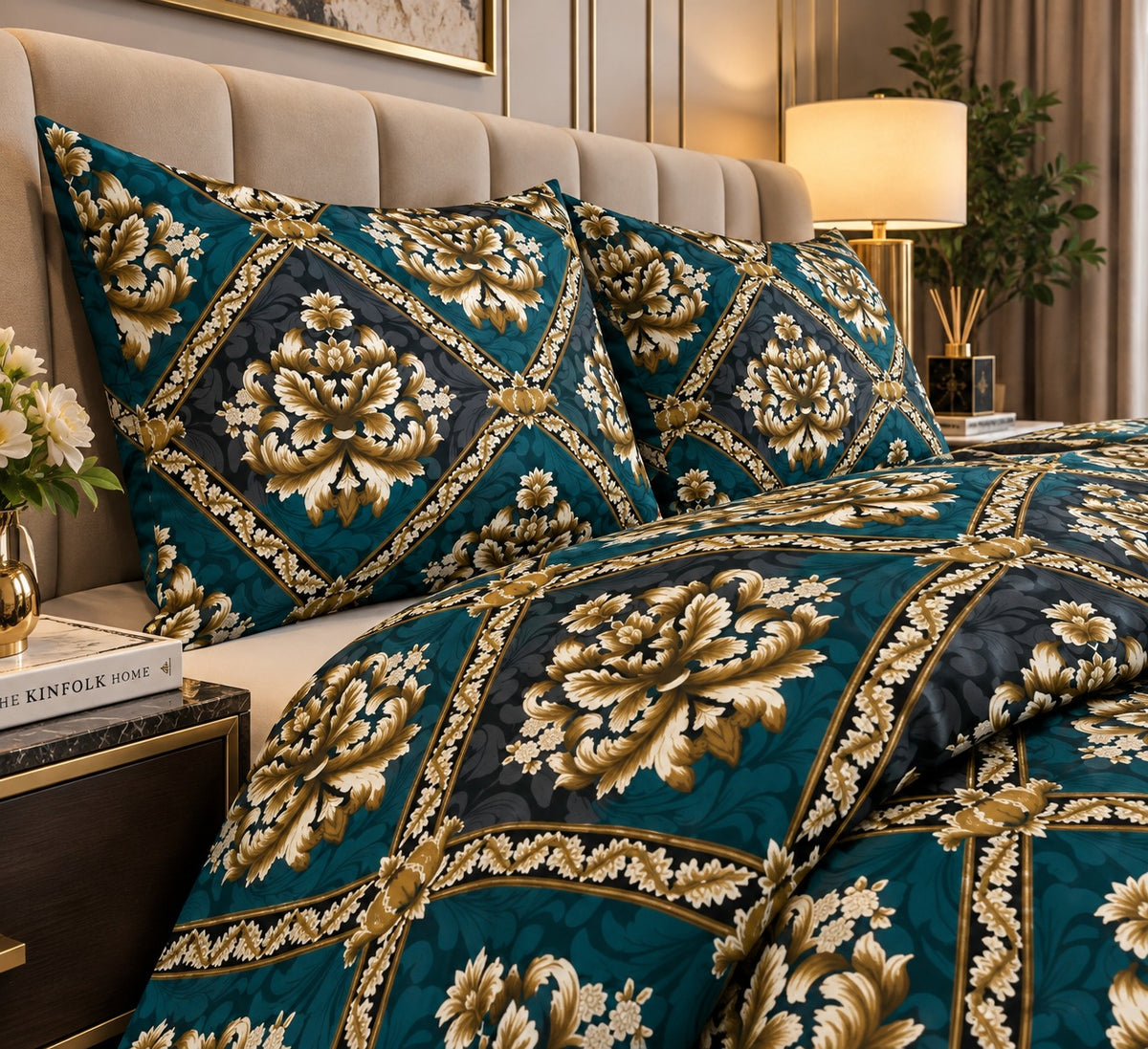 Teal gold damask bedsheet set with elegant floral medallion design and matching pillow covers 