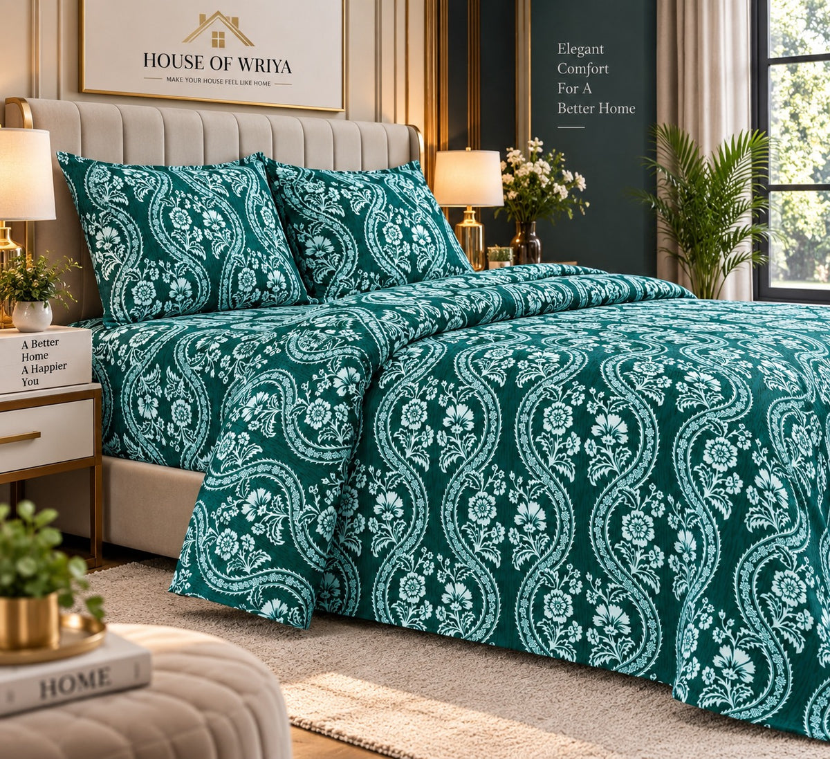 Teal green printed bedsheet set with white floral design and matching pillow covers 