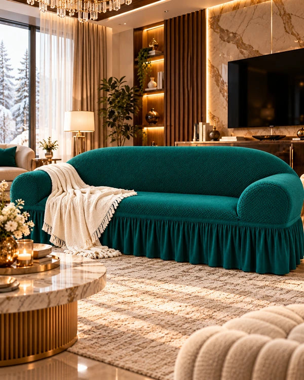  Teal green Turkish sofa cover with textured fabric and pleated skirt in a luxurious modern living room.