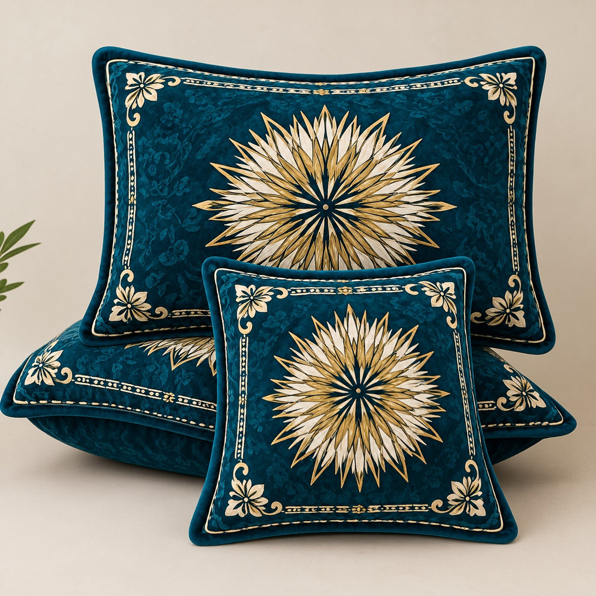 Teal velvet cushion covers set of 3 with elegant gold floral medallion design and decorative borders styled in a luxury bedroom