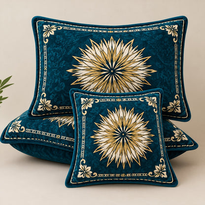 Teal velvet cushion covers set of 3 with elegant gold floral medallion design and decorative borders styled in a luxury bedroom