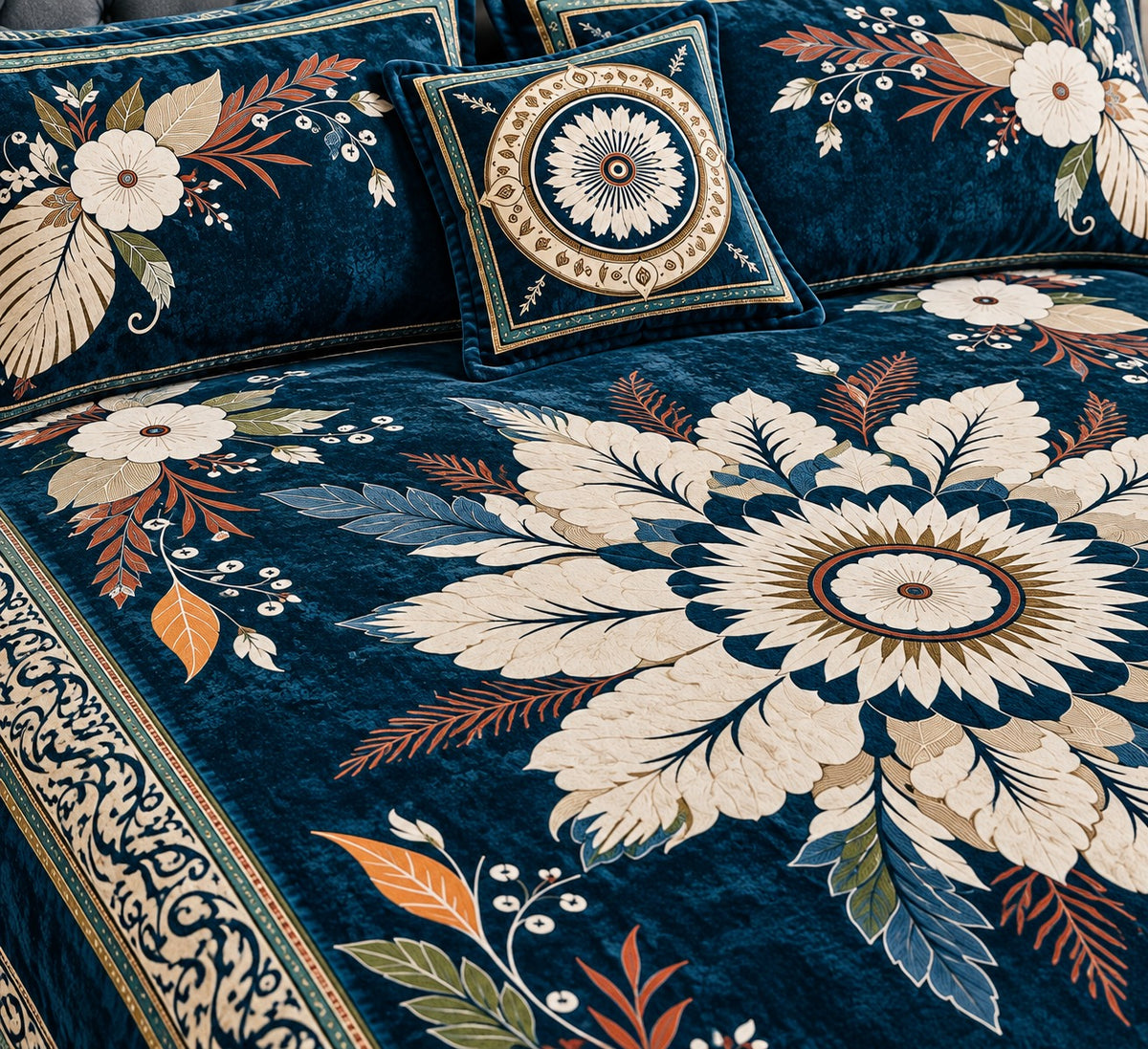 Teal velvet floral bedsheet with elegant cream, orange and green floral design and matching decorative cushions
