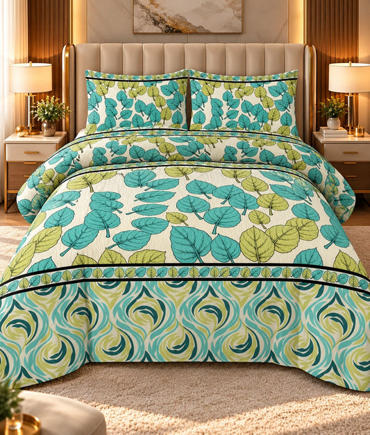 Teal and green leaf print bedsheet with decorative border by House of Wriya