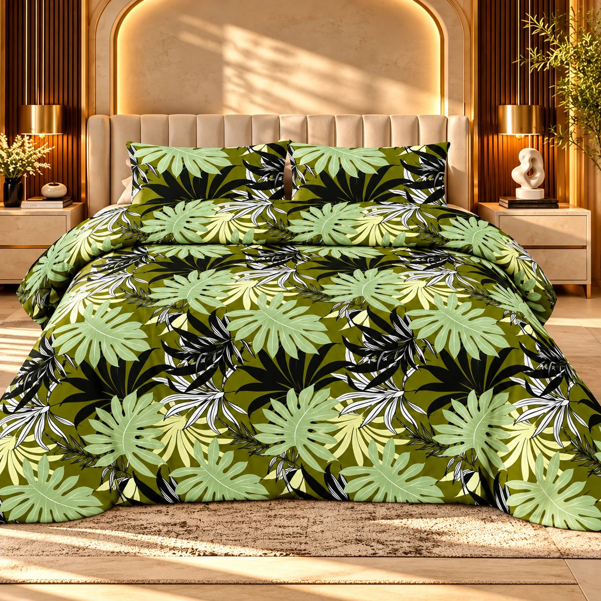 Tropical green bedsheet featuring large light green and olive leaves on a black background with two matching pillow covers on a luxury bed.