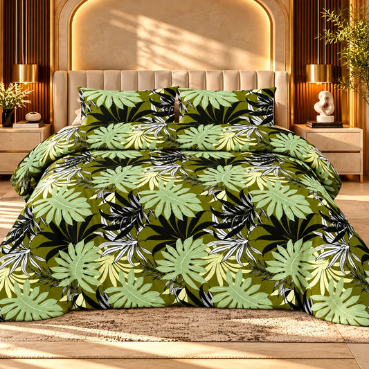 Tropical green bedsheet featuring large light green and olive leaves on a black background with two matching pillow covers on a luxury bed.