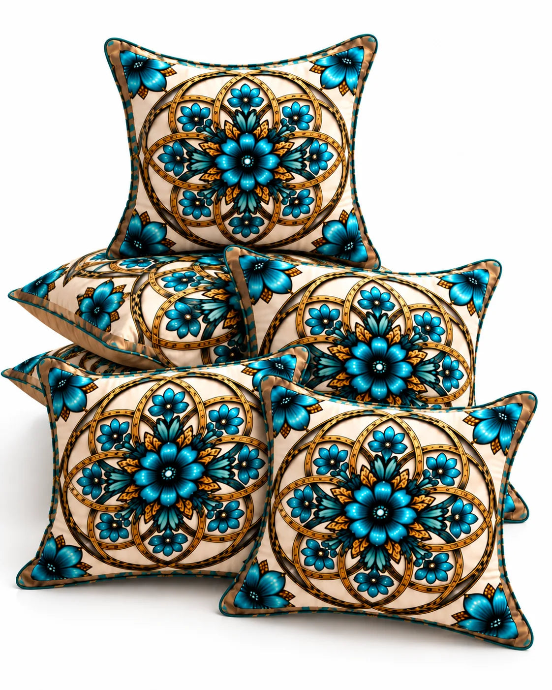 Turquoise blue and gold floral cushion covers with ornamental medallion patterns on a cream sofa.