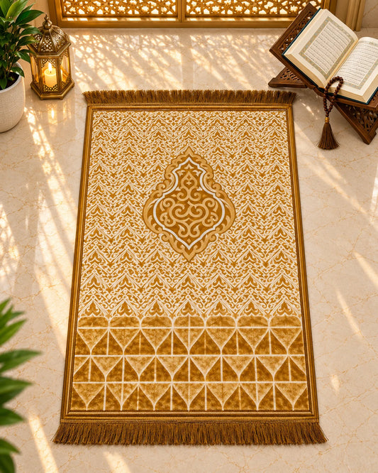 Zareen Mahal premium golden-brown Janamaz with intricate cream ornamental patterns and decorative golden fringes by House of Wriya.